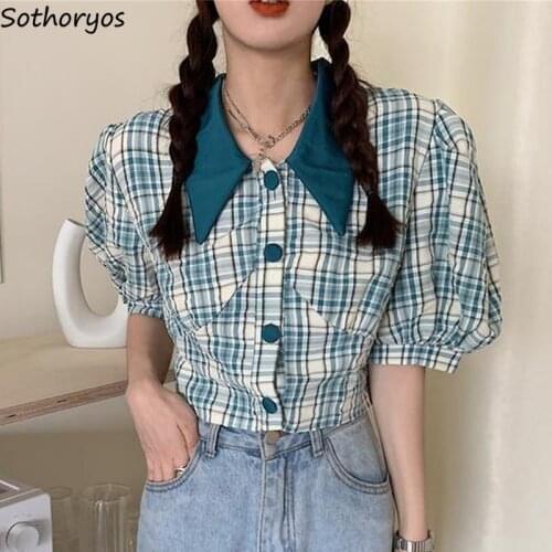 Women Shirts Short Puff Sleeve Cropped Plaid Retro Teens Sweet Peter Pan Collar Kawaii Ulzzang Gentle Slim Chic College Blouses
