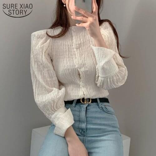 Lantern Sleeve Womens Shirts Fashion 2021 Spring Retro Pleated Chic Cotton Tops Long Sleeve Solid Blouse Women Clothes 10993