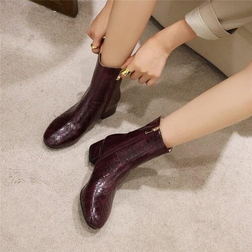 YMECHIC 2020 Vintage Plaid Chunky Heels Winter Womens Ankle Boots Green Wine Red Black Booties Shoes Woman Footwear Plus Size