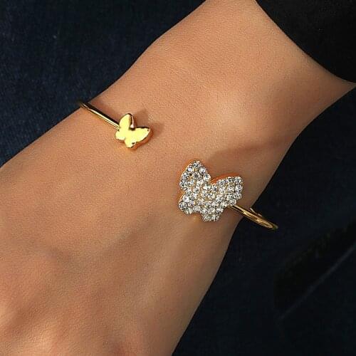 Fashion Vintage Cuff Bracelets for Women Gold Color Adjustable Bracelets & Bangles Pulseras Femme Crystal Butterfly Open Bangle