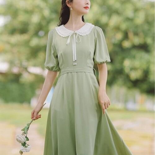 Women Double-layer Peter pan Collar Sweet Cute Dress 2021 Summer Puff Sleeve Pearl Bow Chic Japanese Lovely Dress