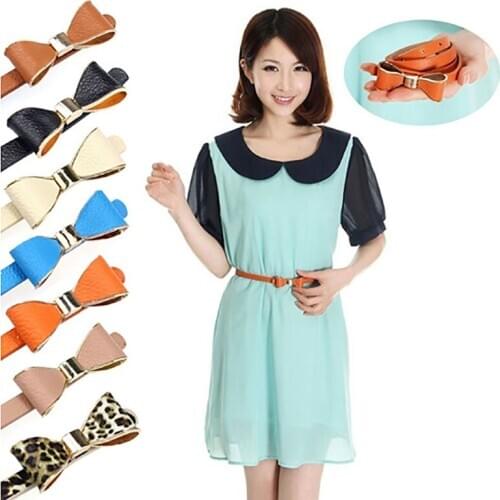 Women Skinny Butterfly Bow Waist Bel Fashion PU Leather t Dor Dress Narrow Thin Waistband
