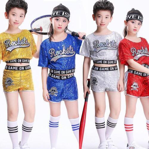 1 set Children Jazz Dance wear Costumes Girls Sequined Ballroom Dancing Clothes Kids Boys Cheerleaders Modern hip hop Outfits