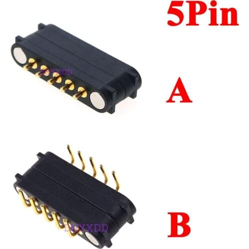 1Pair Spring Loaded Header Male Female 5 Pins 2.54 MM Grid Strip Straight Through Hole 180 Degree 2A 36V DC Magnetic Pogo Pin