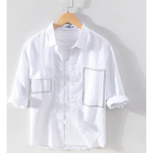 1012 Simple Contrast Color Square Embroidery Shirts Men Summer High Quality Linen Fashion Three Quarter Sleeve Casual Daily Tops