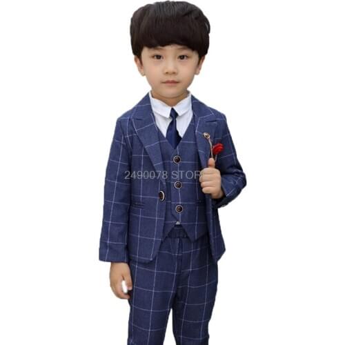 Brand Flower Boys Jackets Vest Pants 3pcs Suit Kids Formal Blazer Dress Suit Children Weddings Birthday Clothes Set