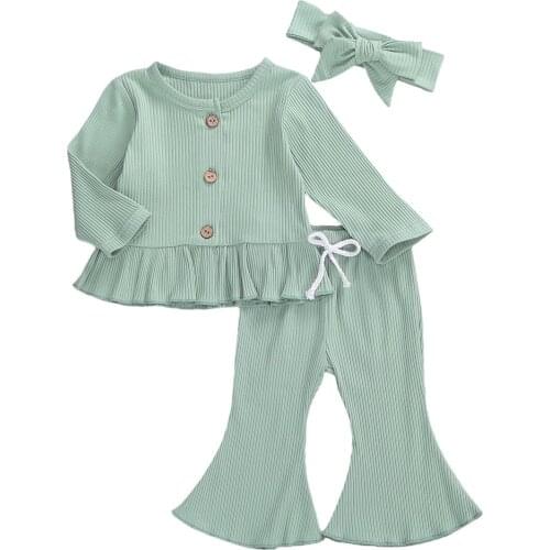 Newborn Baby Boy Girl Clothes Sets Solid Color Long Sleeve Cotton T-shirt Tops Flared Pant Bell Bottom Headband 3PCS