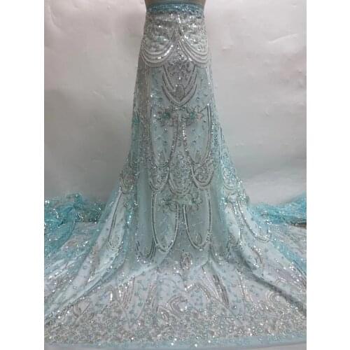 5yards/pc) Beads embroidered African French net lace high grade light blue tulle lace fabric for party dress FVS009
