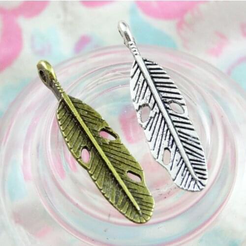 80Pcs 7.4*28MM Antique Silver Color Antique Bronze Plated Feather Charms Necklace Bracelet Pendants DIY Jewelry Findings
