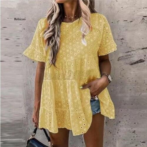 Bohemian Lace Ruffle Top Womens Summer Blouses Casual Hollow V Neck Blusas Female O Neck Floral Tunic Plus Size 5XL