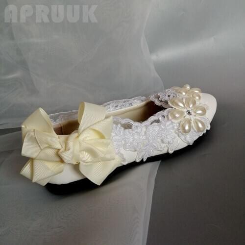 Champagne pearls bowtie flats wedding shoes bride handmade luxury plus size sweet female ladies bridal flats shoes womens