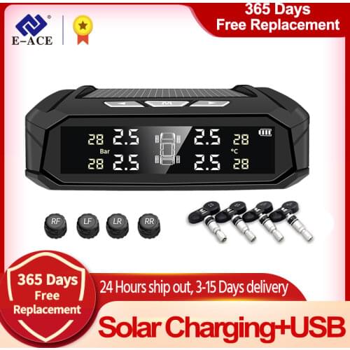 E-ACE Solar Charging TPMS Car Tire Pressure Alarm Monitor System Tyre Temp Monitor Digital Display Car Pressure Gauge 4 Sensor