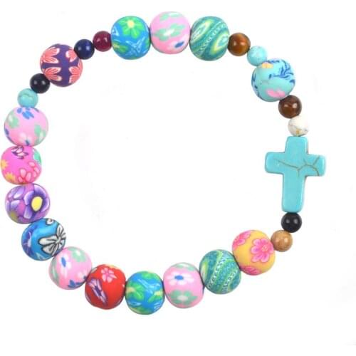 Colorful Soft Clay 10mm Flower Beads Cross Child Catholic Elastic Bracelets