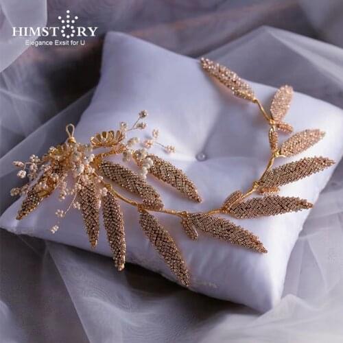 HIMSTORY Korean Handmade Leaf Bride Headbands Rhinestone Soft Flower Bridal Hairbands Hairpin Wedding Hair Accessories Headdress