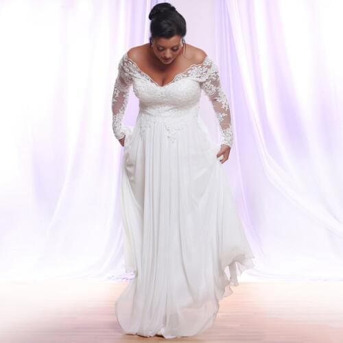 Jiayigong White/Ivory Long Sleeves Chiffon Wedding Dresses Plus Size Deep V-neck Applique Beach Wedding Gowns Vestido De Novia