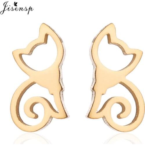 Jisensp Cute Cat Earrings Girls Children Jewelry Hollow Animal Stud Earring Cool Gold Color Stainless Steel Jewelry pendientes