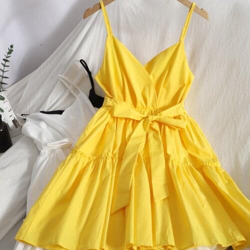 Slim and fluffy ruffled skirt spring and summer new joker solid color suspender skirt Korean strap dress student girl