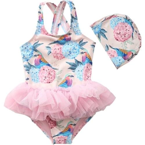 Summer Baby Girls Swimsuit Bodysuit Sleeveless Fashion Floral Print Children Swimsuit +swim Cap, Baby Jumpsuit Girls Outfit