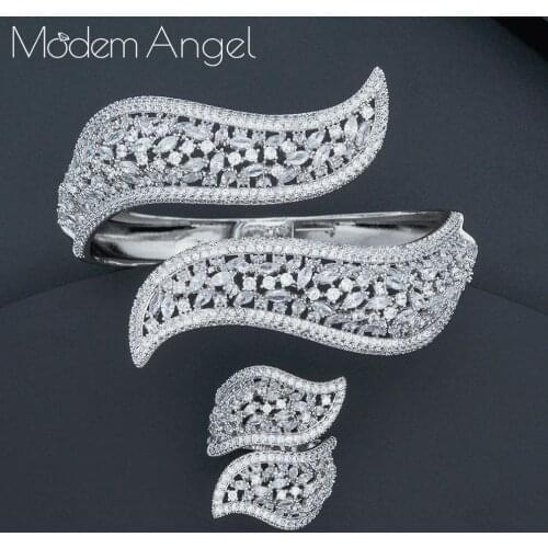 ModemAngel Luxury Wing Shape Jewelry Sets For Women Wedding Zircon Crystal Bridal Bangle Ring Sets aretes de mujer modernos