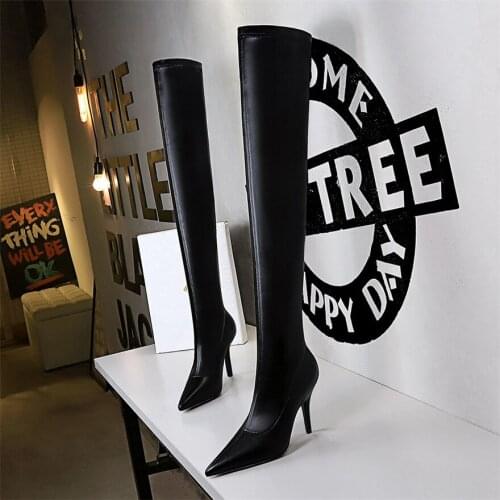 2021 Fashion PU Leather Stretch Sock Boots Pointy Toe Over-the-Knee Heel Thigh High Slim Boots Stiletto Winter Woman Shoes Party