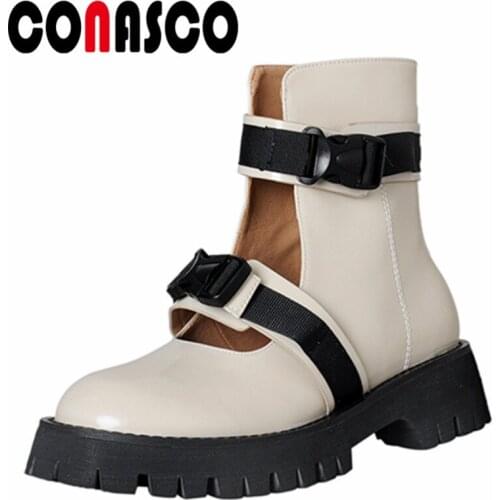 CONASCO 2021 Fashion Women Ankle Boots Autumn Winter Warm Party Prom Office Lady Boots Retro Brand Belt Buckle Shoes Woman