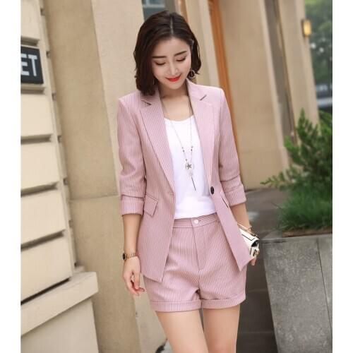 Fashion Formal Ladies Pink Striped Blazer Women Business Suits Shorts and Jacket Sets Work Wear Office Uniform Styles