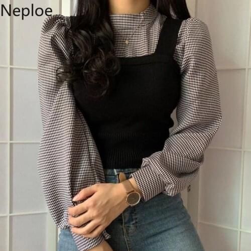 Neploe Women Plaid Shirts Tops Elegant Sets Lantern Sleeve Blouse Slim Knit Cropped Sweater Vest 2021 Korean Two Piece Suits