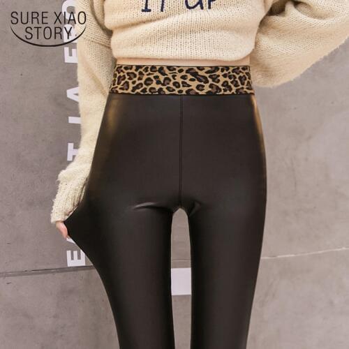 The new fashion womens 2021 spring tight and sexy Leather pants texture elastic high waist Lady solid color trousers 2100 50