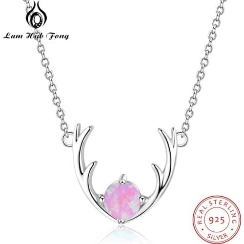 925 Sterling Silver Opal Stone Necklaces Elk Deer Antlers Necklaces Pendants Lucky Cute Women Necklace Jewelry (Lam Hub Fong)