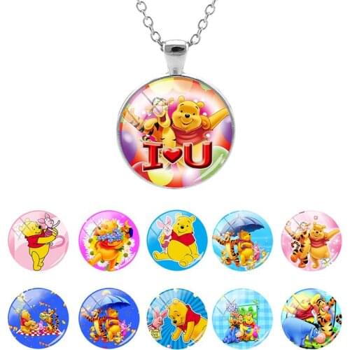 Disney Pooh Bear Cute Animation Pattern Glass Dome Pendant Necklace for Girls Cabochon Jewelry Birthday Present Hot Sale WN337