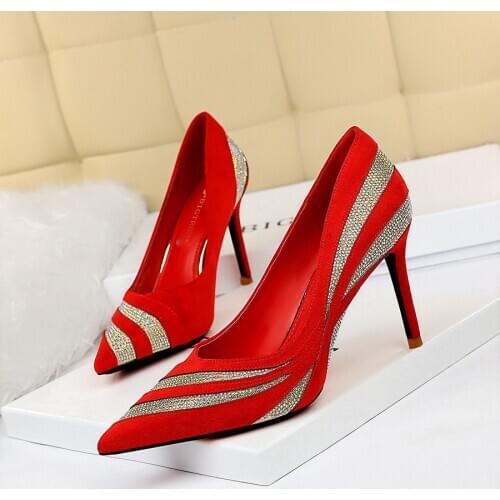 European and American sexy banquet show thin nightclub slim heel high heel suede diamond stitching womens single shoes
