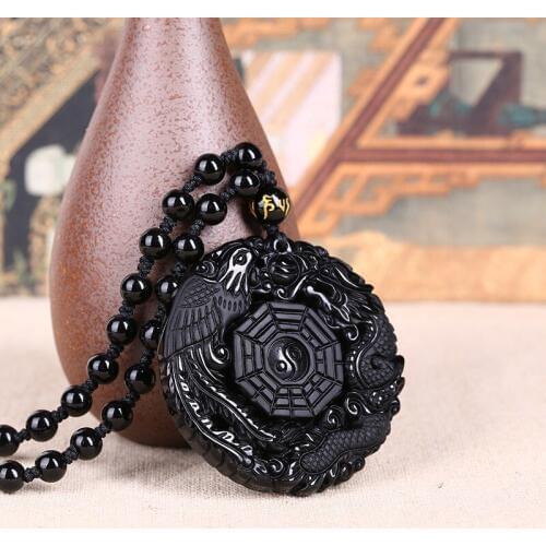 Black Obsidian Carving Dragon and Phoenix Necklace Pendant Obsidian Lucky Pendants
