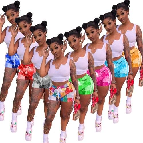 Casual Patchwork Printed Two Piece Shorts Set Shirting Bandage Sleeveless Vest Sports Biker Matching Set Women Summer