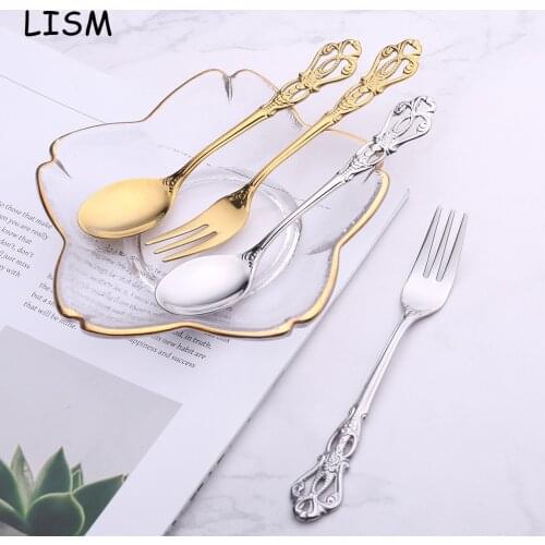 Retro Salad Forks Stainless Steel Dessert Coffee Spoon Fruit Fork Server Dinnerware Set Gold Small Tea Cake Fork Spoon Teaspoons
