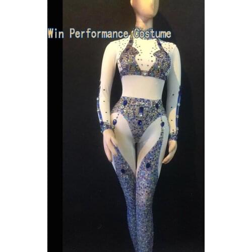 Sexy Mesh See Through Party Jumpsuit Women Stretch Skinny Transparent Rhinestone Rompers Club DS Dance Bodysuit Stage Outfits