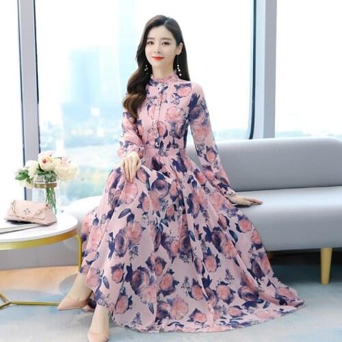 Chiffon floral dress in spring and summer, your wifes new womens dress in 2021 with slim waist and fashionable temperament