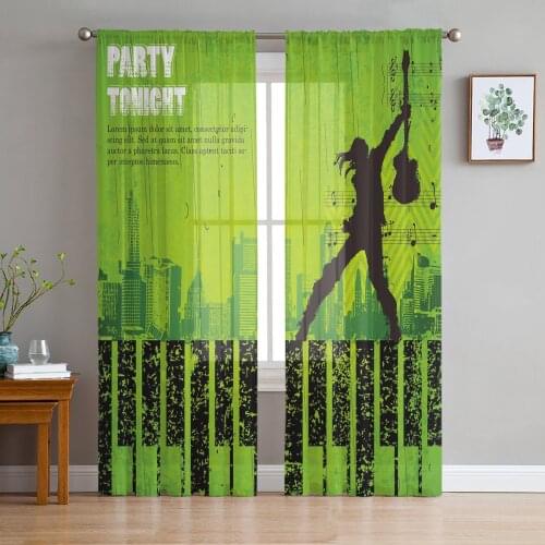 Guitar Keys Music Symbol House Green Chiffon Sheer Curtains for Living Room Bedroom Home Decoration Window Voiles Tulle Curtain