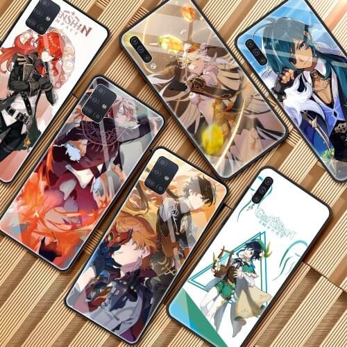 Glass Case For Samsung Galaxy A51 A71 A50 A31 A21s A70 A72 A52 5G M31 M51 Black Soft Edge Phone Cover Shell Genshin Impact Game