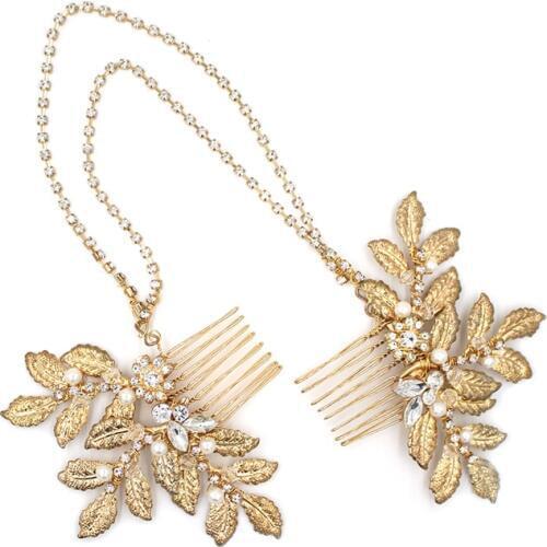 SLBRIDAL Golden Rhinestone Crystal Pearl Floral Leaf Wedding Tiara Comb Headband Bridal Headpiece Hair accessories Women Jewelry