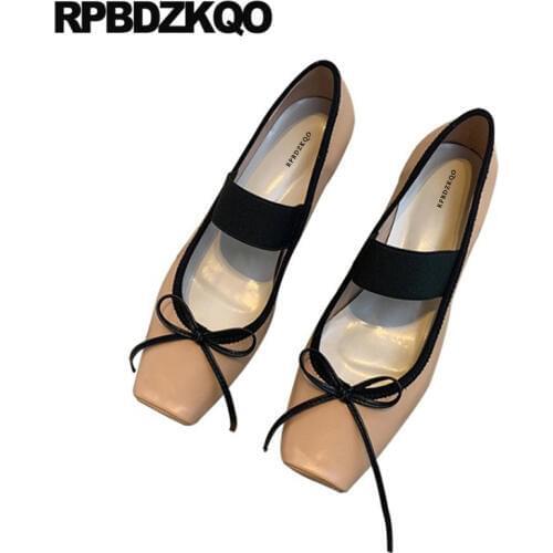 Nude sheepskin shoes women 2019 square toe customized bow chunky handmade genuine leather mary jane thick pumps strap low heels