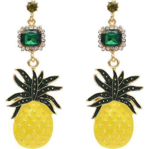 Vibrant Color Pineapple Fruit Yellow & Green Earrings for Women Jewelry with Crystal Glass Beads Cute Girls Beach Party Earring