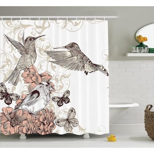 Hummingbirds Shower Curtain Vintage Style Artwork with Birds Butterflies on Blossoms Ornamental Background Bathroom Accessories