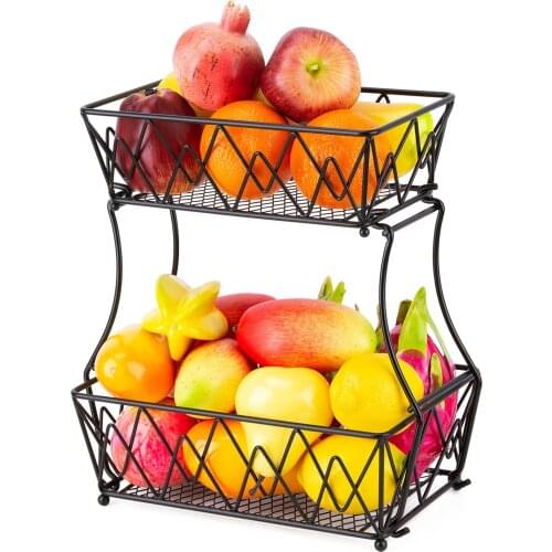 Iron Basket Stand 2-Tier Storage Shelf Organizer for Fruit Vegetables Toiletries Household Kitchen Storage Basket