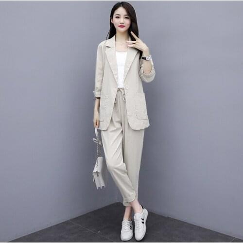 Women Spring Summer New Casual 2piece Suit Plus Size Solid Cotton Linen Blazer Coat+ Harem Pants Suits Casual Office Sets Suit