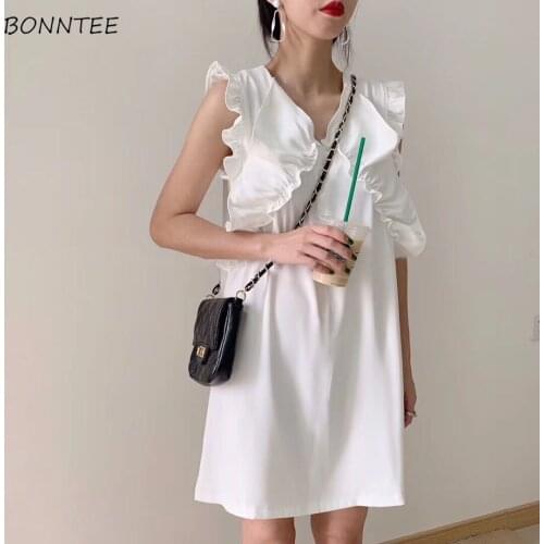 Sleeveless Dress Women Mini V-neck Design French Ruffles Loose Waist Fashion Summer Thin Cool White Ladies Streetwear Aesthetic