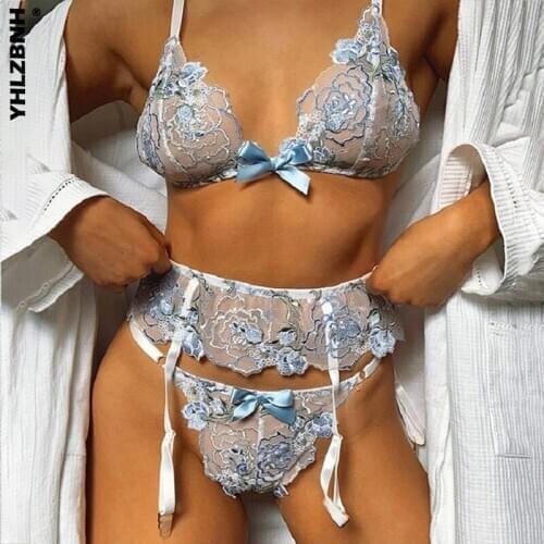 YHLZBNH Women’s Lingerie Underwear Set Floral Print Embroidery Lace Transparent Set Sexy Bow Erotic Lingerie Sexy Body Bra Set