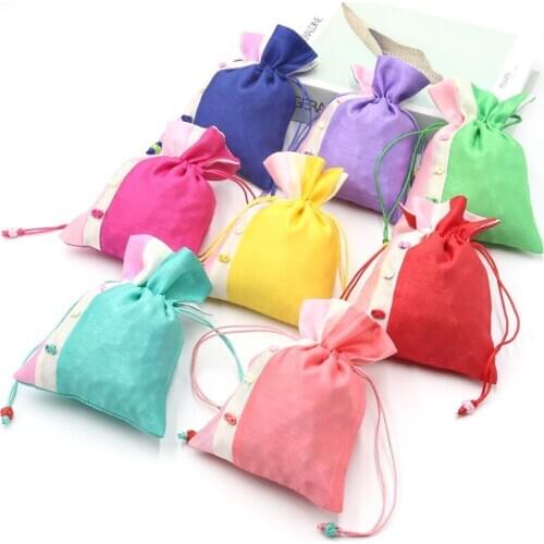 2 piece / Silk button sachet bag retro nostalgic drawstring jute linen gift bag wedding birthday party Christmas Halloween gift