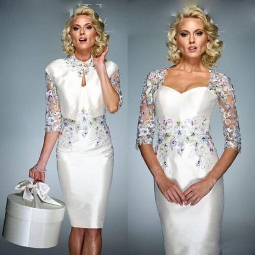 2020 Sheath Mother Dresses With Wrap Lace Appliqued Beaded Knee Length Formal Evening Gowns Custom Made Wedding Guest Dresses