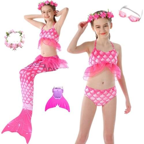 2021 Baby Girls Mermaid Tail Swimsuit Children the Little Mermaid Dress Costume Cosplay Beach Clothes Bathing Suit with Flippers