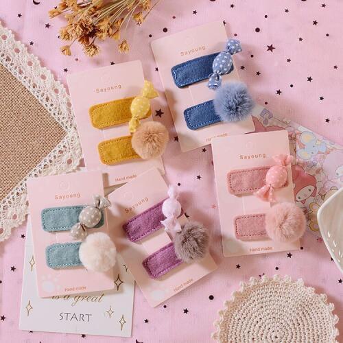 60set/lot 2pcs/set DIY Simple Multi Candy Fuzzy Ball Hair Clips Suits Maid Hairpin Hair Styling Tools Accessories HA1382